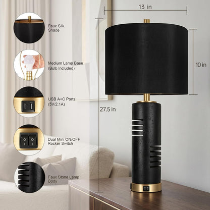 27.5" Faux Stone Table Lamps Set of 2 with USB and Night Light2
