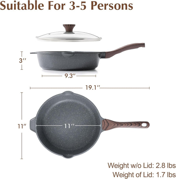 Nonstick Deep Frying Pan Skillet, 11-Inch Saute Pan with Lid, Stay-Cool Handle, Chef Pan Healthy Stone Cookware Cooking Pan, Induction Compatible4