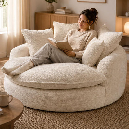 Oversized round Lounge Chair Indoor, 56" Deep Seat Circle Sofa with Double Armrests & Pillows, Fluffy Cloud Chenille Couch, No Assembly Reading Chair for Living Room, Bedroom, Apartment,Beige1