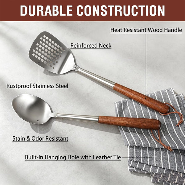 Cooking Spatula 14.2" and Spoon 13.6", Stainless Steel, Wooden Handle4