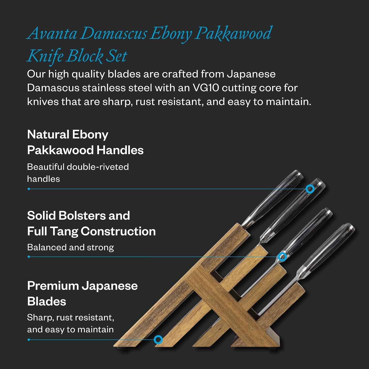 avanta-damascus-10-piece-ebony-pakkawood-knife-block-set-japanese-damascus-stainless-steel-4-speciality-knives-heavy-weight-fork-4-steak-knives-magnetic-knife-block