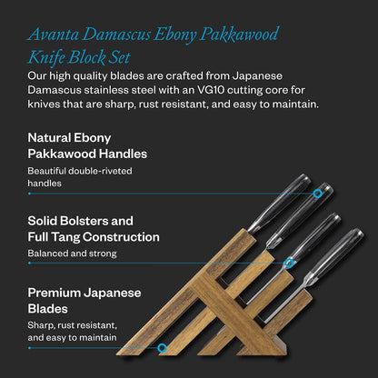 Avanta Damascus 10-Piece Ebony Pakkawood Knife Block Set - Japanese Damascus Stainless Steel - 4 Speciality Knives, Heavy-Weight Fork, 4 Steak Knives & Magnetic Knife Block2
