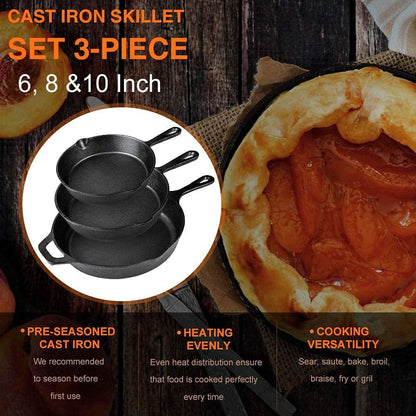 Cast Iron Skillets 3-Piece Set, 6", 8" & 10" Pre-Seasoned Pan Set | Cast Iron with 3 Heat-Resistant Silicone Handle Holders, Indoor & Outdoor Use, Oven Grill Stovetop Induction Safe Cookwar3