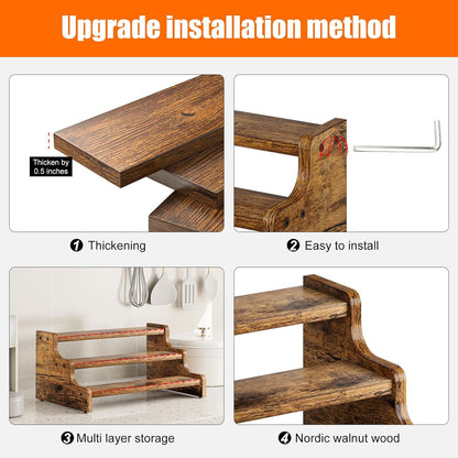 3-Tier Spice Rack, 13.8 Inch Wood Step Shelf Countertop Spice Storage Holder, Kitchen Pantry Cabinet Organizer Cupboard for Spice Bottles, Jars, Seasonings, Baking Supplies,Bathroom Organizer5
