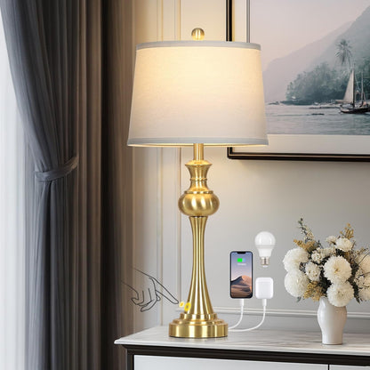 28.75" Gold Table Lamps Modern 3-Way Touch Control Dimmable Bedside Lamp with USB A+C Ports & AC Outlets for Living Room Bedroom Nightstand Lamp (Bulb Included)1