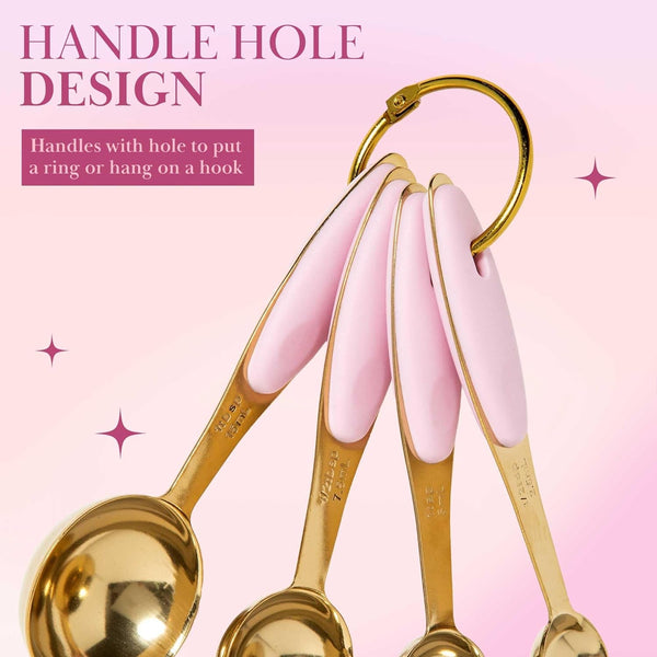 Measuring Cups and Spoons Set, Stainless Steel with Pink Silicone Inset Handle, Dishwasher Safe, for Dry and Liquid Ingredients, 8-Piece Set, Gold and Pink7