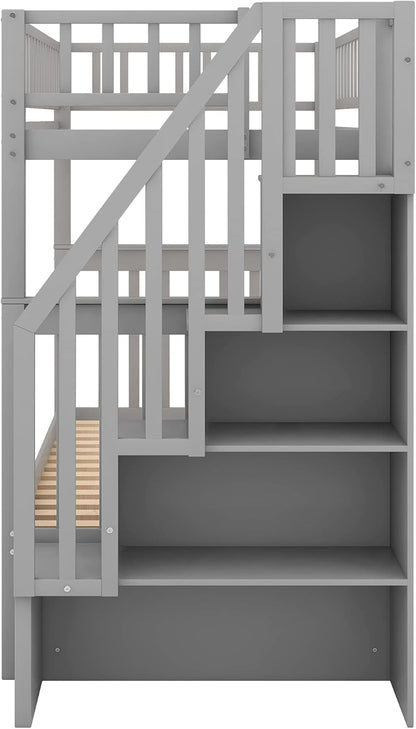 Twin-Over-Twin Bunk Bed with Trundle and Storage Staircase, Solid Wood 3 in 1 Twin Size Stairway Bunk Bed with Trundle, Grey6