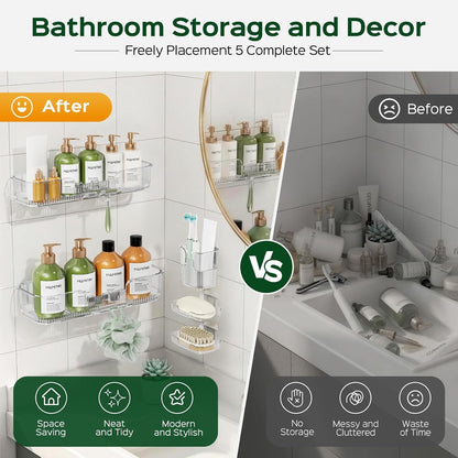 Adhesive Shower Caddy: 5 Pack Rustproof & Strong Adhesive Bathroom Organizers with Large Capacity, No-Drill Quick Installation - Space-Saving Storage Shelves for Renters & Home Decor - Clear7