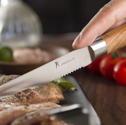 Ultra Sharp 6-Piece Steak Knife Set, 4.5" Serrated Blades, 50Cr15Mov High-Carbon Stainless Steel, Torrefied Brown Ash Wood Handles, Magnetic Gift Box3