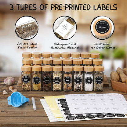 24 Pcs Glass Spice Jars with Bamboo Lids, 4 Oz Glass Jars with Minimalist Farmhouse Spice Labels Stickers, Collapsible Funnel, Seasoning Storage Bottles for Spice Rack, Cabinet, Drawer2