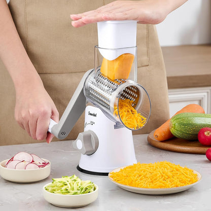Rotary Cheese Grater Hand Crank, Cheese Shredder Vegetable Slicer | 3 Blades, 430 Stainless Steel, 12X Fast Cutting, Strong Suction Base, No BPA, Dishwasher Safe, for Cheese, Veggie, Nut8