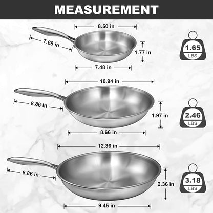 Tri-Ply Stainless Steel Frying Pans Set, 8”/10”/12” Cooking Pans, PFOA&PTFE Free Skillet, Induction Cooking Pan, Dishwasher and Oven Safe, Fast & Even Heat, Heavy Duty and Detachable Handle2