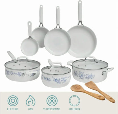 Pioneer Woman Style Agatha 12-Piece Aluminum & Ceramic Classic Cookware Set Blue5