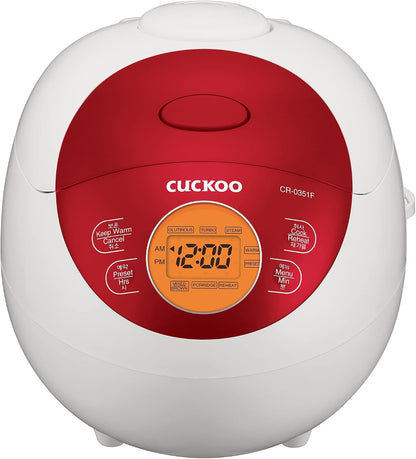 CUCKOO Micom Fuzzy Logic Rice Cooker, 6-Cup Cooked, Red, CR-0351FR | Small 3-Cup Uncooked Capacity, Nonstick Inner Pot, 5 Menus, 22-32 Minute Turbo Rice, 13-Hour Preset Timer, Made in Korea1