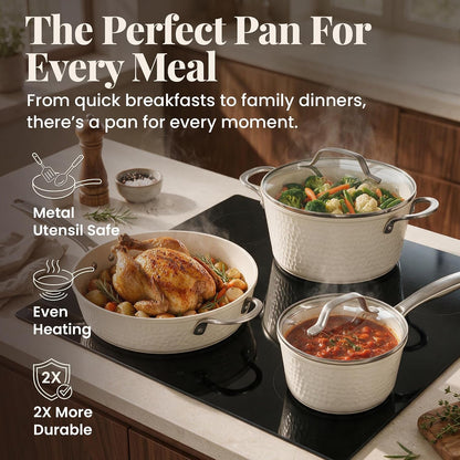 Hammered 10 Pc Pots and Pans Set Non Stick Ceramic Cookware | Heavy Duty 3.0MM Gauge, Non Toxic PFOA/PTFE/PFOS Free Ceramic & Titanium, Induction Compatible, Oven & Dishwasher Safe8