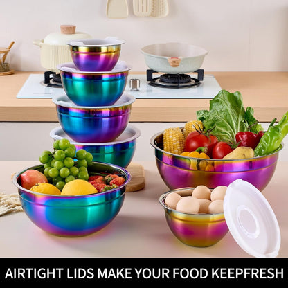 Rainbow Mixing Bowls with Lids Set of 7, Stainless Steel Nesting Bowl with Khaki Lid for Non-Slip Mixing Prepping Storing Serving, 7 Sizes-7/3.6/2.7/2.1/1.5/1/0.8 QT5
