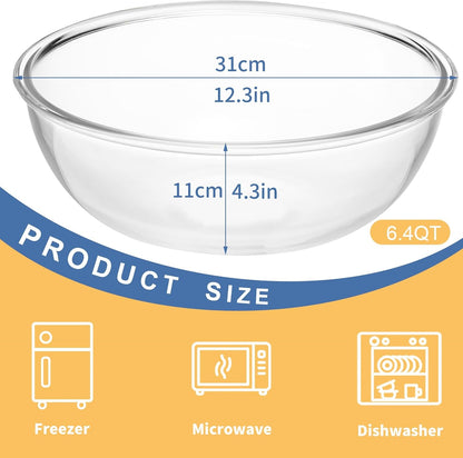 6.5Qt Extra Large Glass Mixing Bowls, Clear Large Salad Bowls,Thickened Glass Big Mixing Bowls Salad Bowls Cooking Bowl for Kitchen Prepping Storing Baking Serving, Fruit, Snacks, Borosilicate Glass3