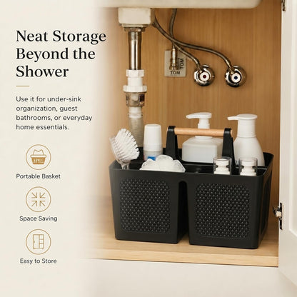 Plastic Shower Caddy with Wooden Handle, Portable 3-Compartment Bathroom Organizer Basket with Drainage Holes, Quick Dry Shower Basket for Dorm, College, Cleaning Supplies6