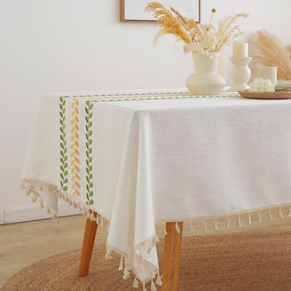 Rectangular Tablecloth, Embroidery Leaf Pattern Table Cloth Wrinkle Free Heavy Weight Cotton Linen Farmhouse Tablecloth Tassel Fabric Table Cover for Dining, Kitchen, Buffet2