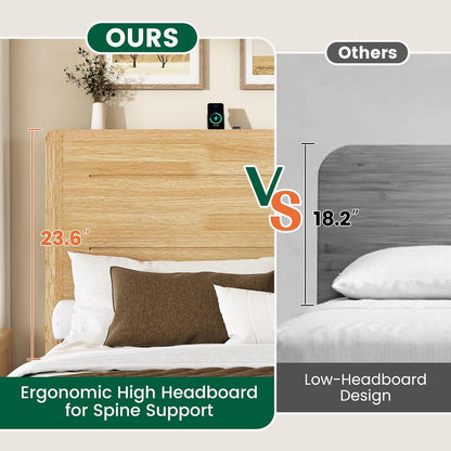 Queen Size Wood Platform Bed Frame with Mid-Century Modern Tall Headboard & Charging Station, Built-In Headboard Shelf, Solid Sustainable Bedframe, No Box Spring Needed, Easy Assembly, Natural3