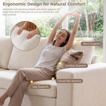 Oversized 85'' Couches for Living Room, Modern 3-Seater Cloud Couch with Removable Cover, Wide Armrest, Thick Spring Cushions, Comfy Deep Sofa for Apartment, Office, Small Space, Linen Beige3