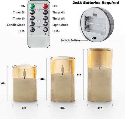 Battery Operated Flameless Candles with Remote & Timer, Gold Glass 3Pack2