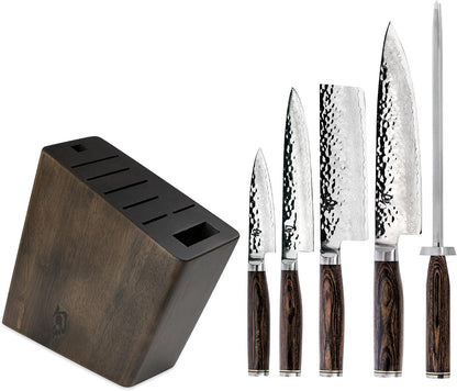 Shun Premier 6 Piece Block Set | Includes 8" Chef, 4" Paring, 5.5" Nakiri, 6.5" Utility Knives, Honing Steel & 8-Slot Angled Knife Block, Pakkawood Handle1
