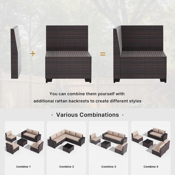 7 Pieces Patio Furniture Set with 55000BTU Fire Pit Table, Wicker Patio Set with Wide Armrests 29.5'' High Backrest Thick Cushions 1 Coffee Table, Outdoor Furniture for Porch Deck Khaki2