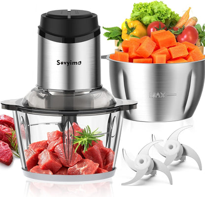 Food Processor, 2‑Speed Electric Food Chopper & Small Meat Grinder | with 8Cup Stainless & 8Cup Glass Bowls, 2 Bi-Level Blades&. Great for Onion, Baby Food, Garlic, Nuts, Fruit, and Vegetables.1