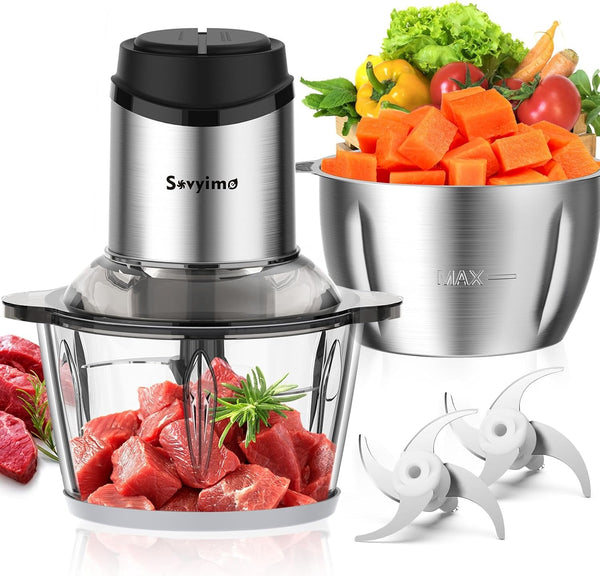 Food Processor, 2‑Speed Electric Food Chopper & Small Meat Grinder | with 8Cup Stainless & 8Cup Glass Bowls, 2 Bi-Level Blades&. Great for Onion, Baby Food, Garlic, Nuts, Fruit, and Vegetables.1