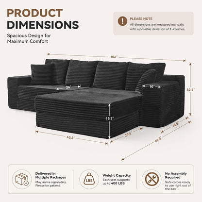 106'' Convertible Futon Sofa Bed, Boneless Couch for Living Room, Black2