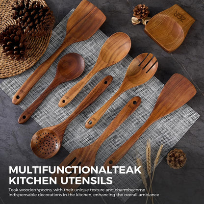 Wooden Spoons for Cooking - 9 Pieces Natural Teak Wood Kitchen Utensils Set with Utensil Holder & Spoon Rest - Durable Heat Resistant, Safe, Smooth Curved Grip - Non-Scratch & Non-Stick Spatula9