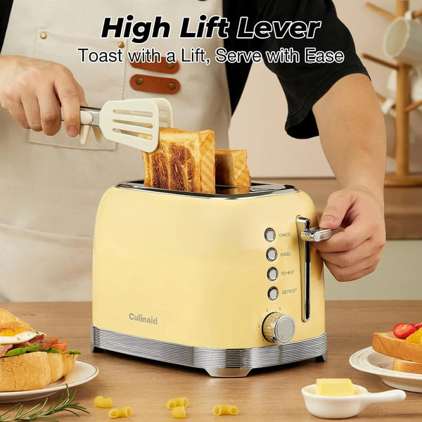 Toaster 2 Slice Retro Stainless Steel, Yellow | 1.5” Extra Wide Slots with Bagel, Defrost, Reheat, Cancel Functions, 6 Bread Shade Settings, Removable Crumb Tray7