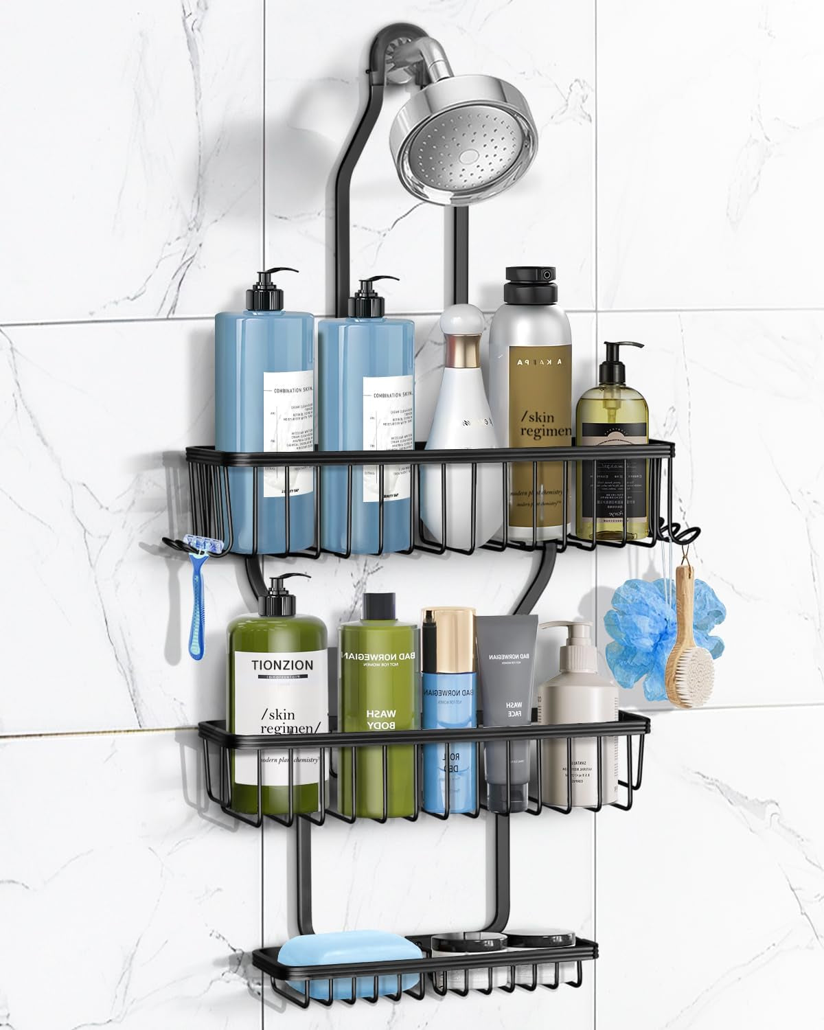 shower-caddy-hanging-never-rust-shower-hanging-organizer-aluminum-over-the-showerhead-caddy-with-soap-basket-and-6-hooks-for-razor-sponge-black