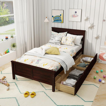 Twin Size Wood Bed Frame with 2 Storage Drawers, Mid Century Platform Bed Frame with Headboard, Sturdy Wooden Slats Support, Modern Mattress Foundation, No Box Spring Required, Easy Assembly1
