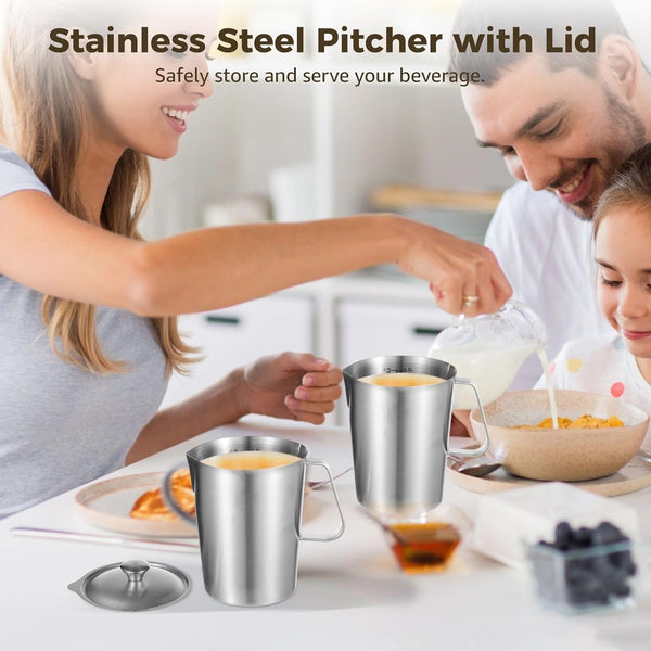 2L Stainless Steel Pitcher with Lid, 70 Oz Measuring Cup with Dual-Scale Markings, Milk Frothing Jug, Large Beaker for Espresso Machine, Hot/Cold Water, Latte Art, Iced Tea2