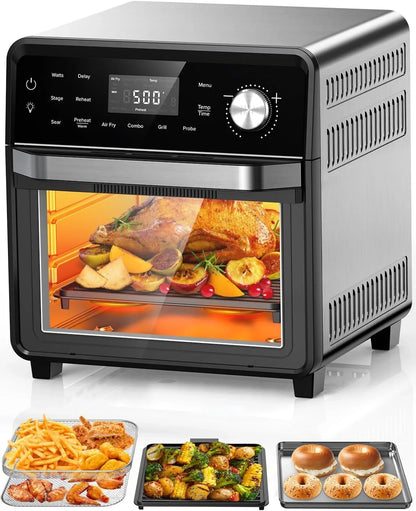 Smart Air Fryer Oven with POWERPORT™ Plug-In Grill for Dual-Zone Efficient Cook, 100 in 1 Advanced Convection Toaster Oven Countertop W/Insulated 2-Glass Door, 450°F Preheat, Stainless Steel1