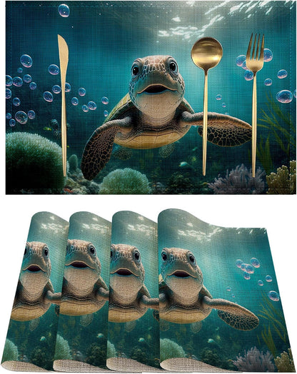 Sea Turtle Placemats Set of 4, Waterproof Place Mats Non-Slip Washable Table Mats Set for Kitchen Dining Holiday Party Wedding Decor 12X18 Inch1