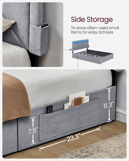 Queen Bed Frame, 4 Storage Drawers on Wheels, Charging Station2