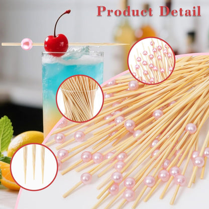 200 PCS Pink Cocktail Toothpicks for Appetizers, Coctail Skewers Sticks | Natural Bamboo Pearl Decorative Cocktail Tooth Picks for Drinks, Fruit, Charcuterie, Wedding Food Party Fancy 4.7 Inch Long9