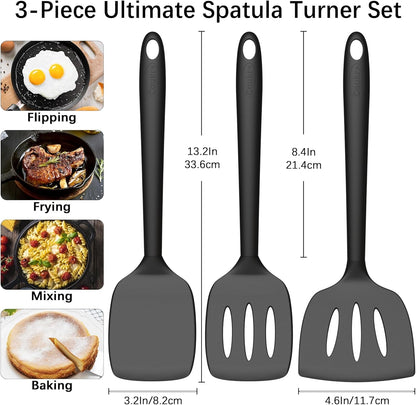 3 Pack Silicone Spatula Set, Heat Resistant to 500°F, Bpa-Free | Fish Spatula, Solid & Slotted Turners, Dishwasher Safe, Spatula Set for Eggs, Pancakes, Fish & Burgers, Pureblack2