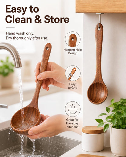 Wooden Soup Spoon, Natural Teak Wood Soup Ladle with Long Handle, Deep Scooper Serving Spoon for Soup, Gravy, Sauce, Porridge & Stew, No-Scratch Cooking Utensil for Nonstick Cookware, 10.6"7