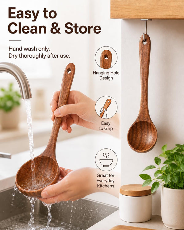 Wooden Soup Spoon, Natural Teak Wood Soup Ladle with Long Handle, Deep Scooper Serving Spoon for Soup, Gravy, Sauce, Porridge & Stew, No-Scratch Cooking Utensil for Nonstick Cookware, 10.6"7