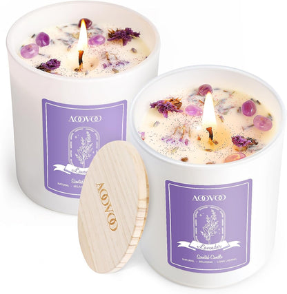 Lavender Scented Candle Set 2 Pack - Aromatherapy Candle with Crystals Inside, 14Oz Soy Candles for Home Scented, Birthday Gifts Mothers Day Candle for Women Mom1