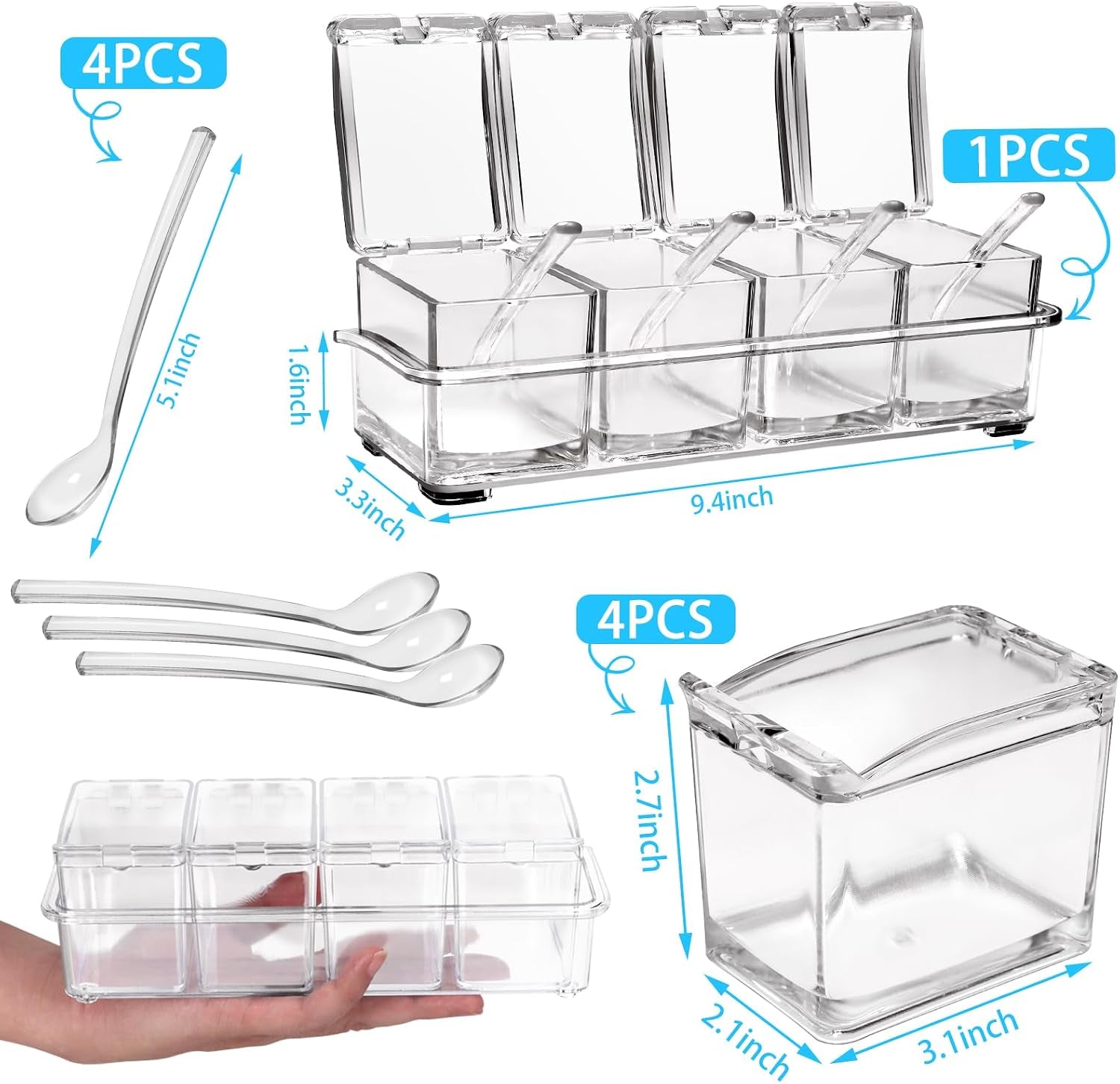 4-cell-clear-seasoning-rack-spice-box-storage-container-condiment-jars-acrylic-seasoning-box-with-cover-and-spoon-enhanced-version-clear