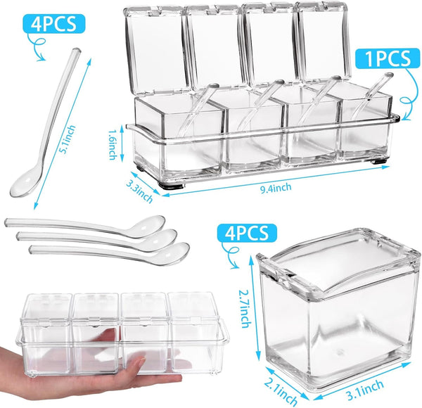 4-Cell Clear Seasoning Rack Spice Box, Storage Container Condiment Jars Acrylic Seasoning Box with Cover and Spoon (Enhanced Version Clear)2