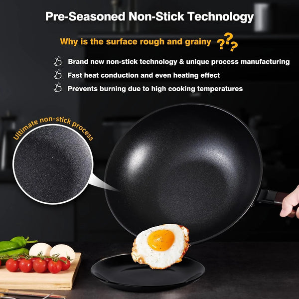 Carbon Steel Wok, 13" Woks & Stir-Fry Pans Nonstick with Glass Lid | Pre-Seasoned Flat Bottom Chinese Wok, Wok Pan with Spatula and Dish Brush for Induction, Electric, Gas, All Stoves4