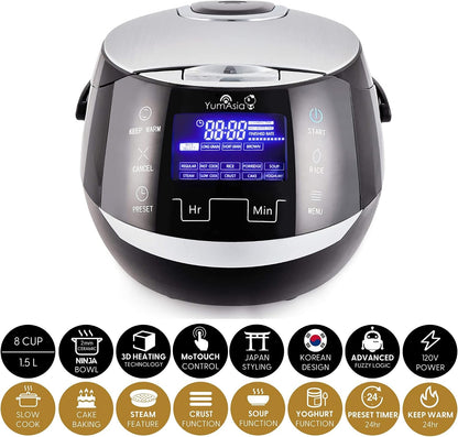 Sakura Rice Cooker with Ceramic Bowl and Advanced Fuzzy Logic (8 Cup, 1.5 Litre) 6 Rice Cook Functions, 6 Multicook Functions, Motouch LED Display, 120V Power (Black and Silver)4
