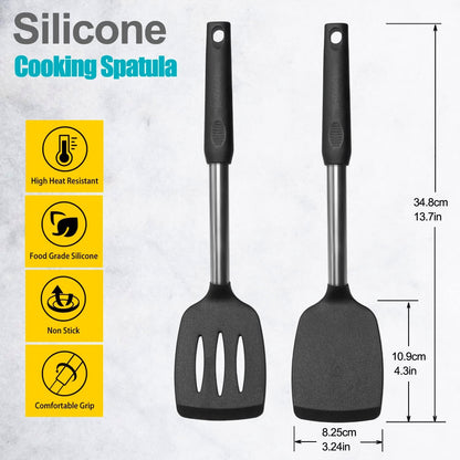 2 Pack Spatulas, Solid & Slotted Silicone Spatula Set, Stainless Steel Handle Coated with Silicone, Non Stick Turners, Heat Resistant Rubber Spatulas for Fish, Eggs, Pancakes, WOK, Black2
