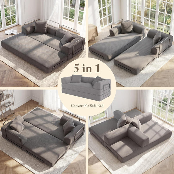 Cloud Boneless Couch Futon Sofa Bed, 5-In-1 Convertible Sofa Bed Pull Out Couch Sleeper Sofa Compressed Loveseat, 70" High-Density Sponge & Corduroy Fabric Futon Daybed for Living Room Bedroom (Gray)3